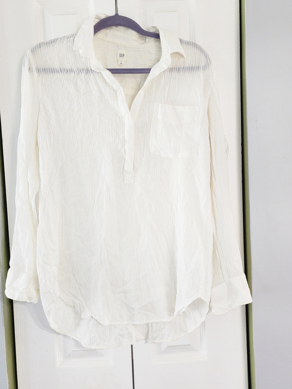 GAP White Semi-Sheer Long Sleeve Button Pullover Blouse Cotton Blend Size M